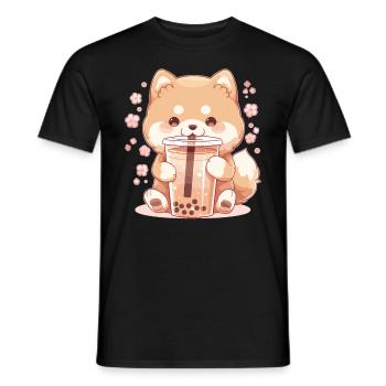 Kawaii Corgi Dog Drinks Boba Bubble Tea Chibi - Men's T-Shirt - black - Front - AI Model Male 178 light (178cm)