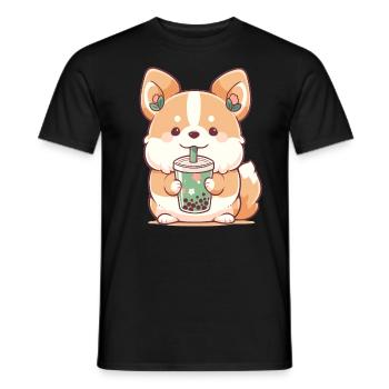 Kawaii Corgi Dog Drinks Boba Bubble Tea Chibi - Men's T-Shirt - black - Front - AI Model Male 178 light (178cm)