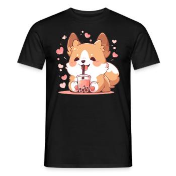 Kawaii Corgi Dog Drinks Boba Bubble Tea Chibi - Men's T-Shirt - black - Front - AI Model Male 178 light (178cm)