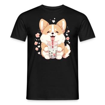 Kawaii Corgi Dog Drinks Boba Bubble Tea Chibi - Men's T-Shirt - black - Front - AI Model Male 178 light (178cm)