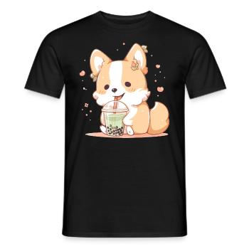 Kawaii Corgi Dog Drinks Boba Bubble Tea Chibi - Men's T-Shirt - black - Front - AI Model Male 178 light (178cm)