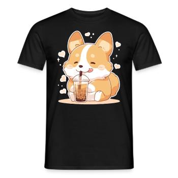 Kawaii Corgi Dog Drinks Boba Bubble Tea Chibi - Men's T-Shirt - black - Front - AI Model Male 178 light (178cm)