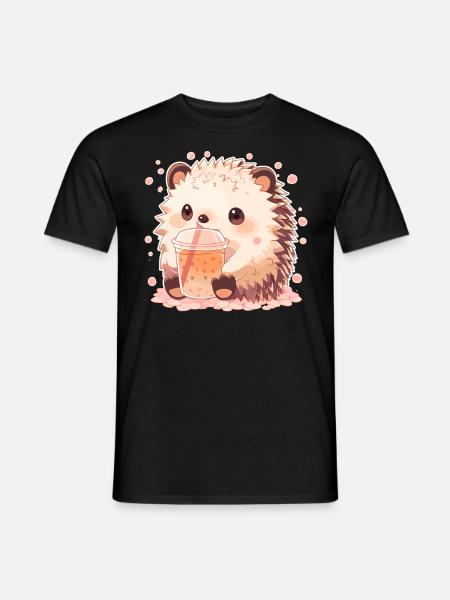 Kawaii Hedgehog Drinks Boba Bubble Tea Chibi - Men's T-Shirt - black
