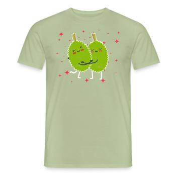 Couple de durian mignon étreignant les fruits de durian - T-shirt homme - vert sauge - Devant - AI Model Male 178 light (178cm)