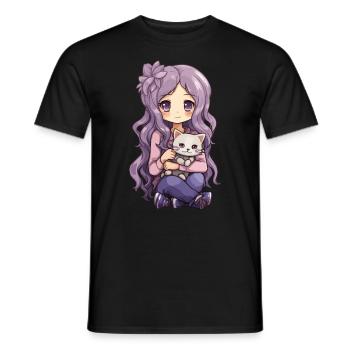 Kawaii Girl Anime Manga Fille et chat - T-shirt homme - noir - Devant - AI Model Male 178 light (178cm)