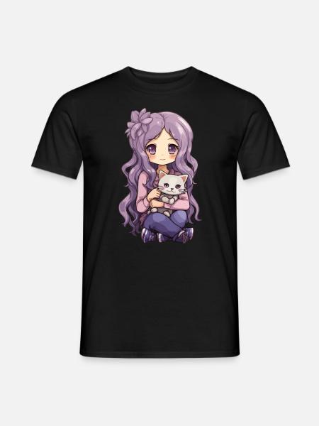 Kawaii Girl Anime Manga Fille et chat - T-shirt homme - noir