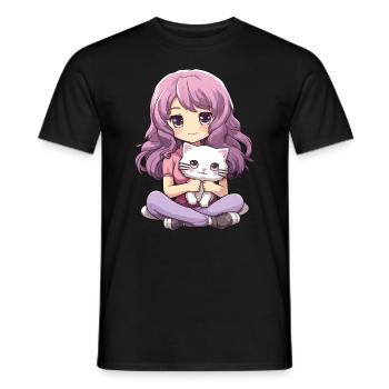 Kawaii Girl Anime Manga Fille et chat - T-shirt homme - noir - Devant - AI Model Male 178 light (178cm)