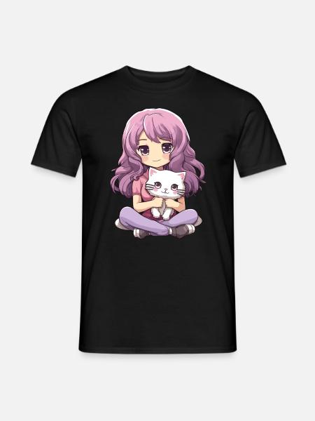 Kawaii Mädchen Anime Manga Mädchen und Katze - Männer T-Shirt - Schwarz
