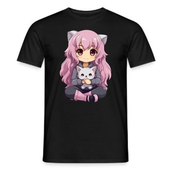 Kawaii Girl Anime Manga Fille et chat - T-shirt homme - noir - Devant - AI Model Male 178 light (178cm)