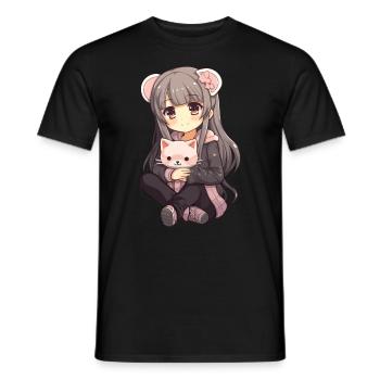 Kawaii Girl Anime Manga Fille et chat - T-shirt homme - noir - Devant - AI Model Male 178 light (178cm)