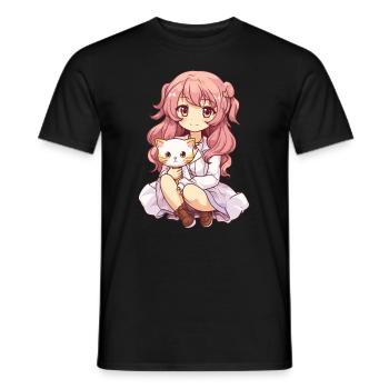 Kawaii Girl Anime Manga Fille et chat - T-shirt homme - noir - Devant - AI Model Male 178 light (178cm)
