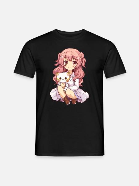 Kawaii Girl Anime Manga Girl and Cat - Men's T-Shirt - black