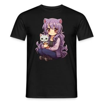 Kawaii Girl Anime Manga Fille et chat - T-shirt homme - noir - Devant - AI Model Male 178 light (178cm)
