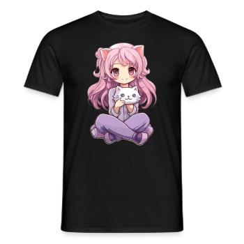 Kawaii Girl Anime Manga Fille et chat - T-shirt homme - noir - Devant - AI Model Male 178 light (178cm)