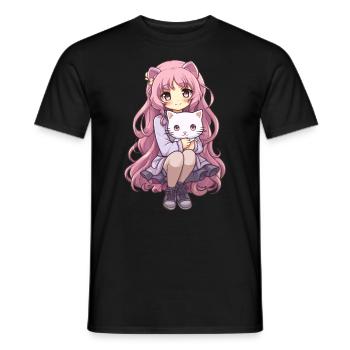 Kawaii Girl Anime Manga Fille et chat - T-shirt homme - noir - Devant - AI Model Male 178 light (178cm)