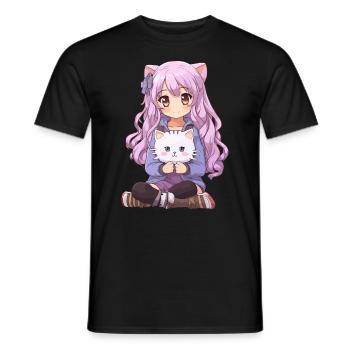Kawaii Girl Anime Manga Fille et chat - T-shirt homme - noir - Devant - AI Model Male 178 light (178cm)