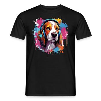 Bunter Beagle mit Kopfhörer Farbspritzer - Männer T-Shirt - Schwarz - Vorne - AI Model Male 178 light (178cm)