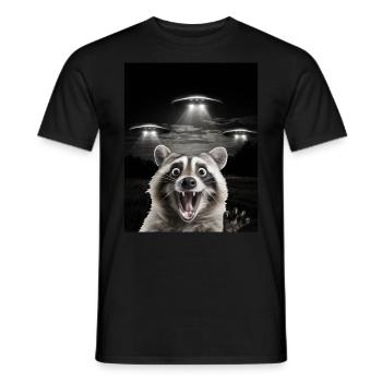 Funny raccoon selfie in front of UFOs Raccoon UFO - Men's T-Shirt - black - Front - AI Model Male 178 light (178cm)
