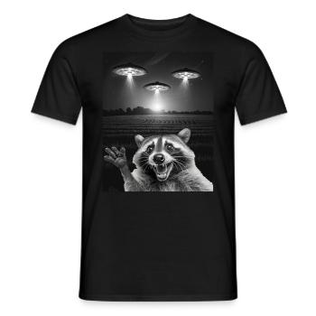 Funny raccoon selfie in front of UFOs Raccoon UFO - Men's T-Shirt - black - Front - AI Model Male 178 light (178cm)