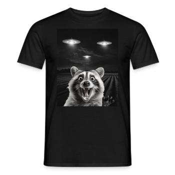 Funny raccoon selfie in front of UFOs Raccoon UFO - Men's T-Shirt - black - Front - AI Model Male 178 light (178cm)