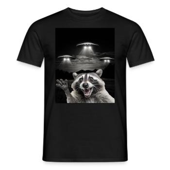 Funny raccoon selfie in front of UFOs Raccoon UFO - Men's T-Shirt - black - Front - AI Model Male 178 light (178cm)