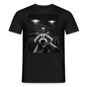 Funny raccoon selfie in front of UFOs Raccoon UFO - Men's T-Shirt - black - Front - AI Model Male 178 light (178cm)