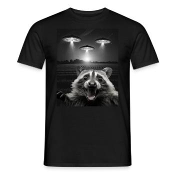 Funny raccoon selfie in front of UFOs Raccoon UFO - Men's T-Shirt - black - Front - AI Model Male 178 light (178cm)