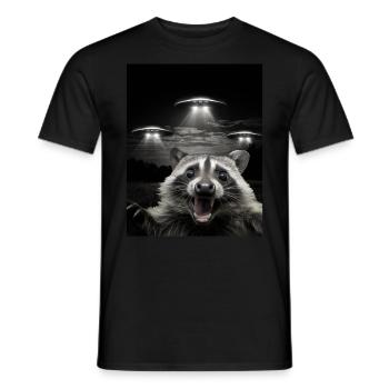 Funny raccoon selfie in front of UFOs Raccoon UFO - Men's T-Shirt - black - Front - AI Model Male 178 light (178cm)