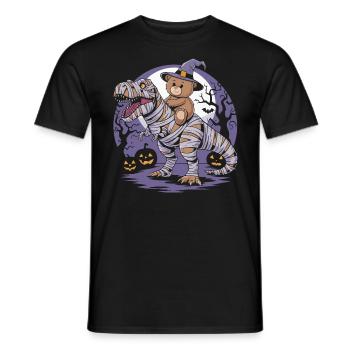 Teddy bear riding a dinosaur on Halloween - Men's T-Shirt - black - Front - AI Model Male 178 light (178cm)