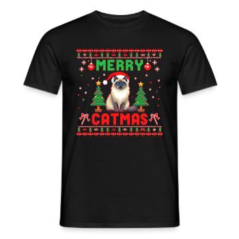 Merry Catmas – Katze mit Weihnachtsmütze - Männer T-Shirt - Schwarz - Vorne - AI Model Male 178 light (178cm)