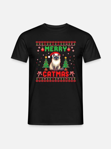 Merry Catmas – Katze mit Weihnachtsmütze - Männer T-Shirt - Schwarz