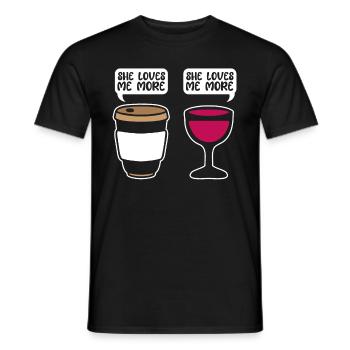 Coffee Cafe Funny Coffee Wine She Loves Me More - Men's T-Shirt - black - Front - AI Model Male 178 light (178cm)