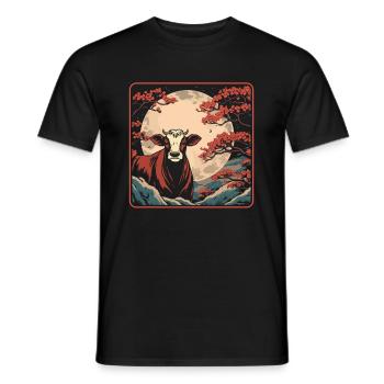 Cow Farmer Livestock Japan Cherry Blossom Moon - Men's T-Shirt - black - Front - AI Model Male 178 light (178cm)