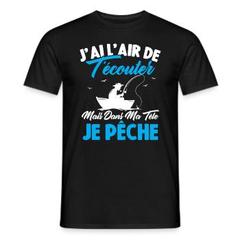 Dans Ma Tête Je Pêche, Cadeau Humour Pêcheur - T-shirt homme - noir - Devant - AI Model Male 178 light (178cm)