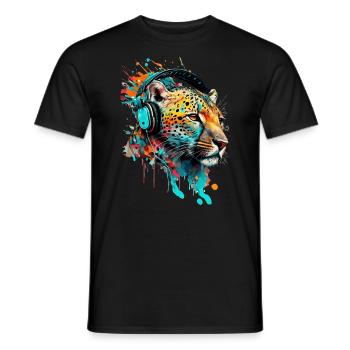 Léopard avec casque DJ - T-shirt homme - noir - Devant - AI Model Male 178 light (178cm)