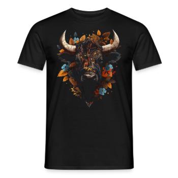 Bison Artwork Colorful Autumn Leaves Animal Animal Motif - Men's T-Shirt - black - Front - AI Model Male 178 light (178cm)