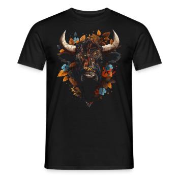 Bison Artwork Colorful Autumn Leaves Animal Animal Motif - Men's T-Shirt - black - Front - AI Model Male 178 light (178cm)