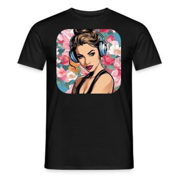 Fille cool avec des écouteurs et des fleurs - T-shirt homme - noir - Devant - AI Model Male 178 light (178cm)