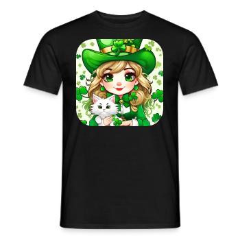 Leprechaun de la Saint-Patrick avec chat - T-shirt homme - noir - Devant - AI Model Male 178 light (178cm)