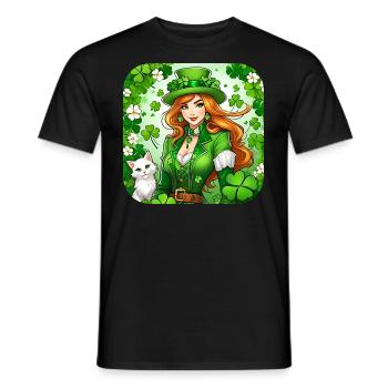 Lutin de la Saint-Patrick avec chat - T-shirt homme - noir - Devant - AI Model Male 178 light (178cm)