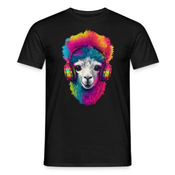 Alpaka Tier Kopfhörer Kunstmotiv Buntes Llama - Männer T-Shirt - Schwarz - Vorne - AI Model Male 178 light (178cm)
