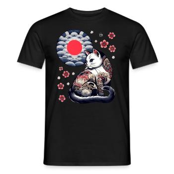 Floral Japanese Kitten Retro Cute Flower Sunset - Männer T-Shirt - Schwarz - Vorne - AI Model Male 178 light (178cm)