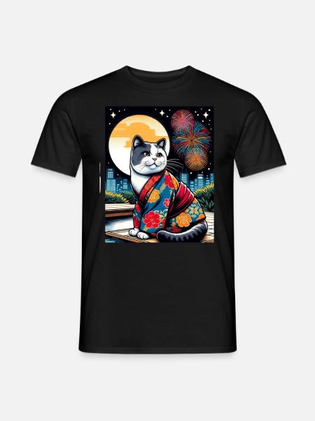 Moon Fireworks Floral Japanese Kitten Retro - Men's T-Shirt - black