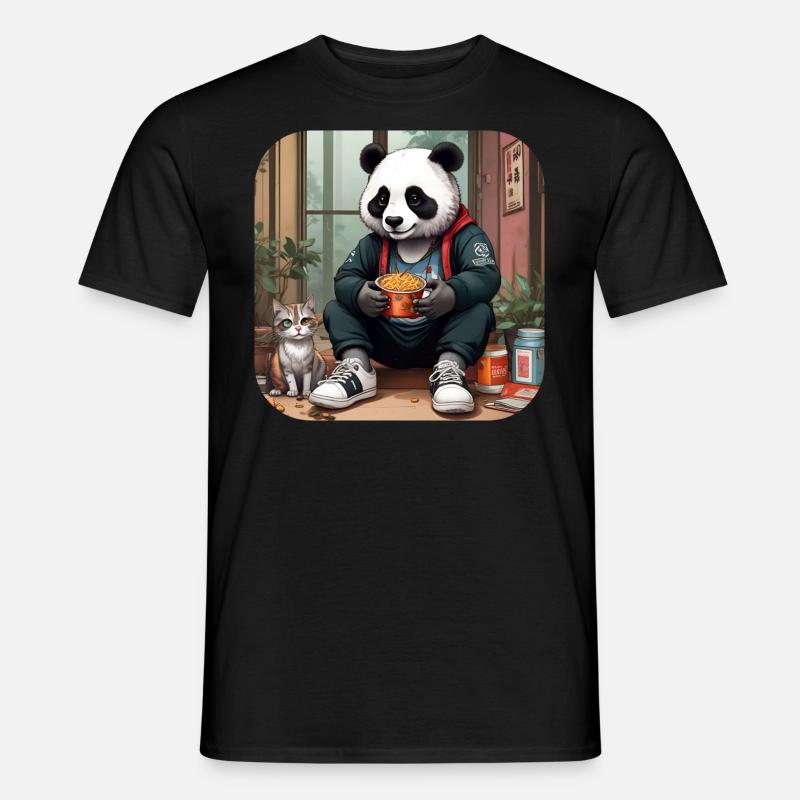 Cooler Panda mit Katze - Männer T-Shirt - Schwarz