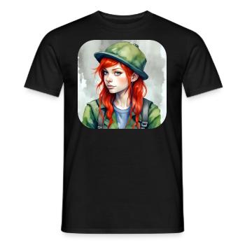Jolie fille d’anime aux cheveux roux Irlande - T-shirt homme - noir - Devant - AI Model Male 178 light (178cm)