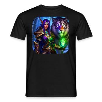 Stolze Fantasy Elfen Kriegerin und Tiger - Männer T-Shirt - Schwarz - Vorne - AI Model Male 178 light (178cm)