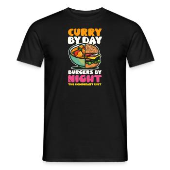 Amerikanisches Indianer-Curry bei Tag, Burger bei Nacht - Männer T-Shirt - Schwarz - Vorne - AI Model Male 178 light (178cm)