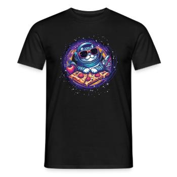 cool space cat loves pizza - Men's T-Shirt - black - Front - AI Model Male 178 light (178cm)