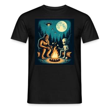 Bigfoot with alien at the campfire - Men's T-Shirt - black - Front - AI Model Male 178 light (178cm)