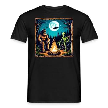 Bigfoot with alien at the campfire - Men's T-Shirt - black - Front - AI Model Male 178 light (178cm)